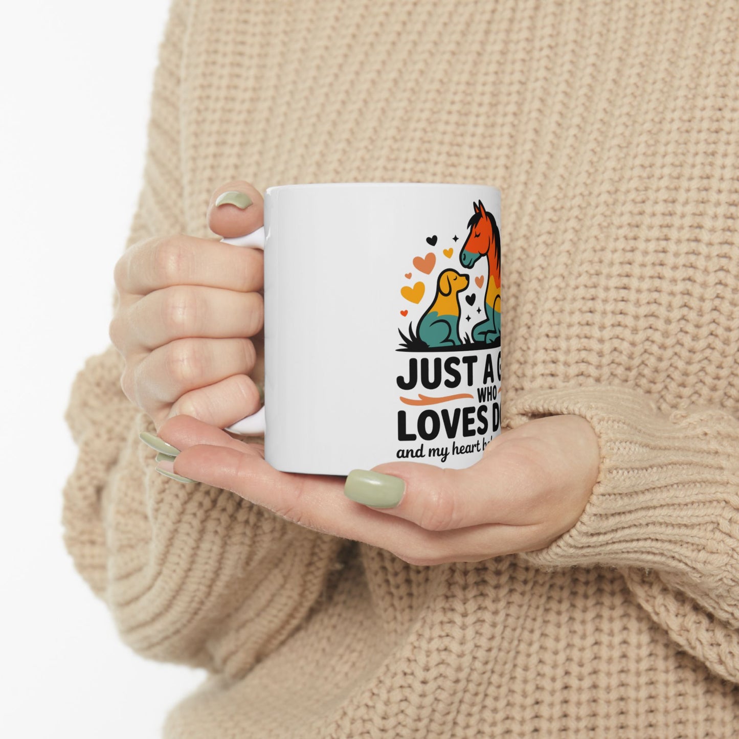 Mug with "JUST A WHO LOVES D" and heart illustration.