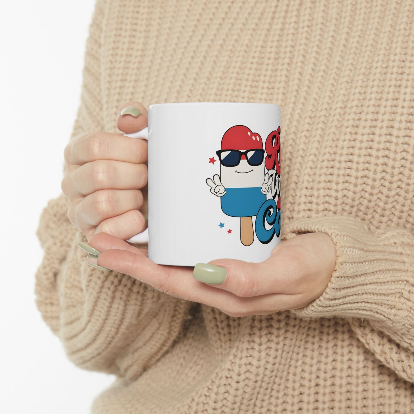 White mug with cartoon popsicle and "Summer Vibes" text.