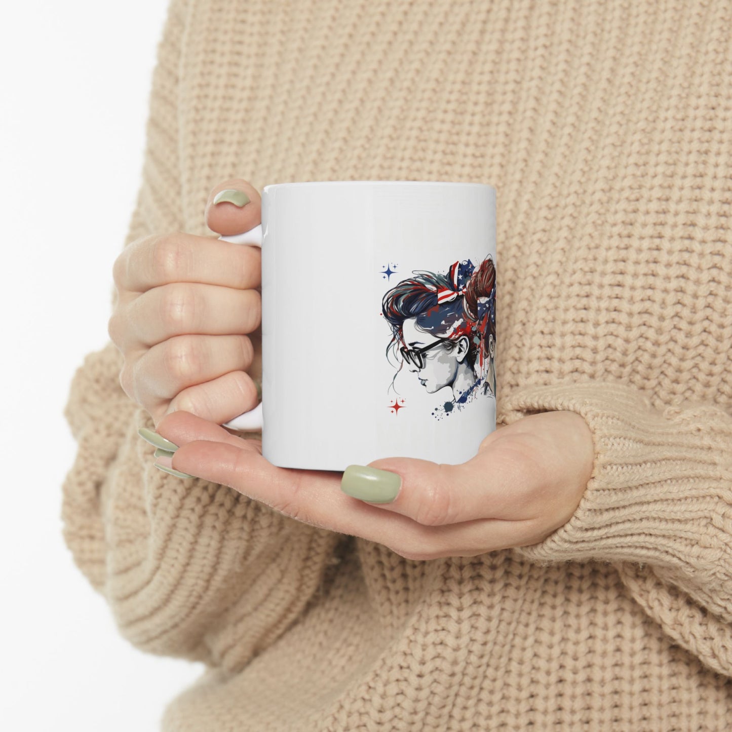 Woman with patriotic hairstyle and glasses on white mug.