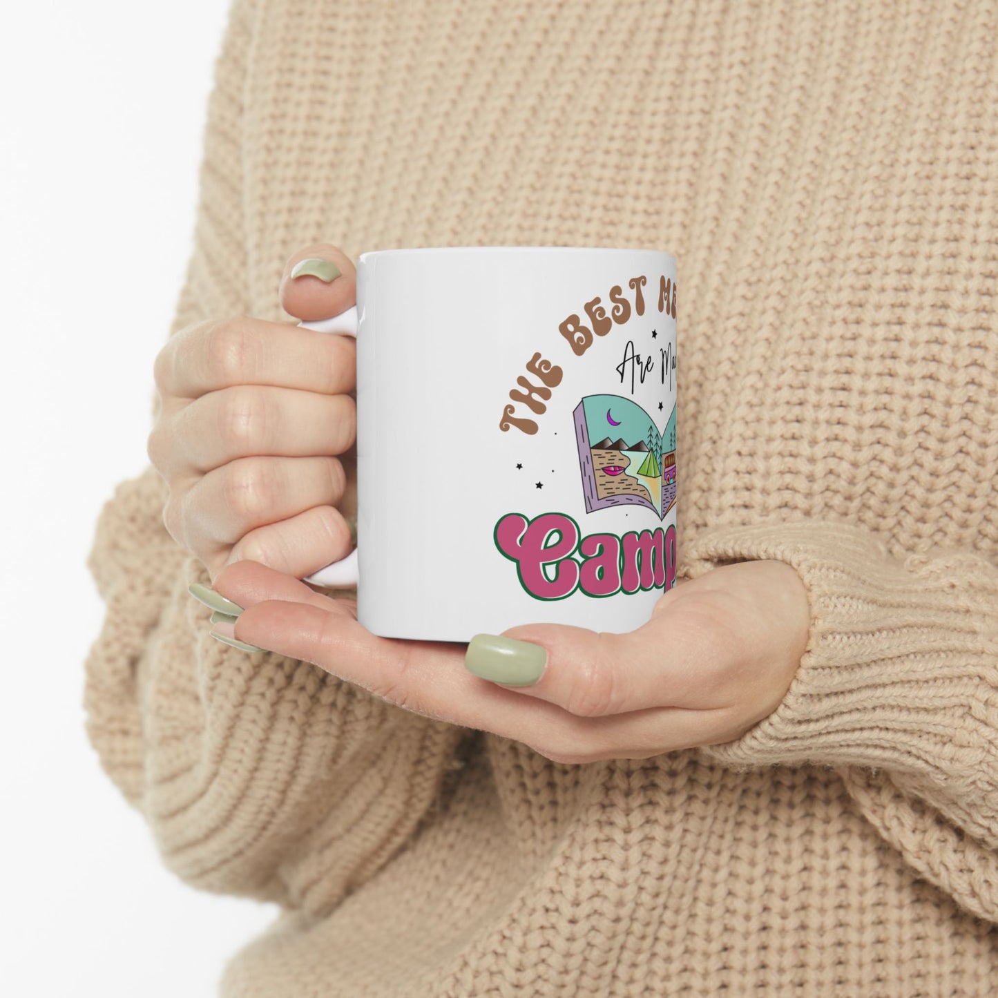 White mug with "The Best Memories Are Made Camping" and colorful camping illustration.