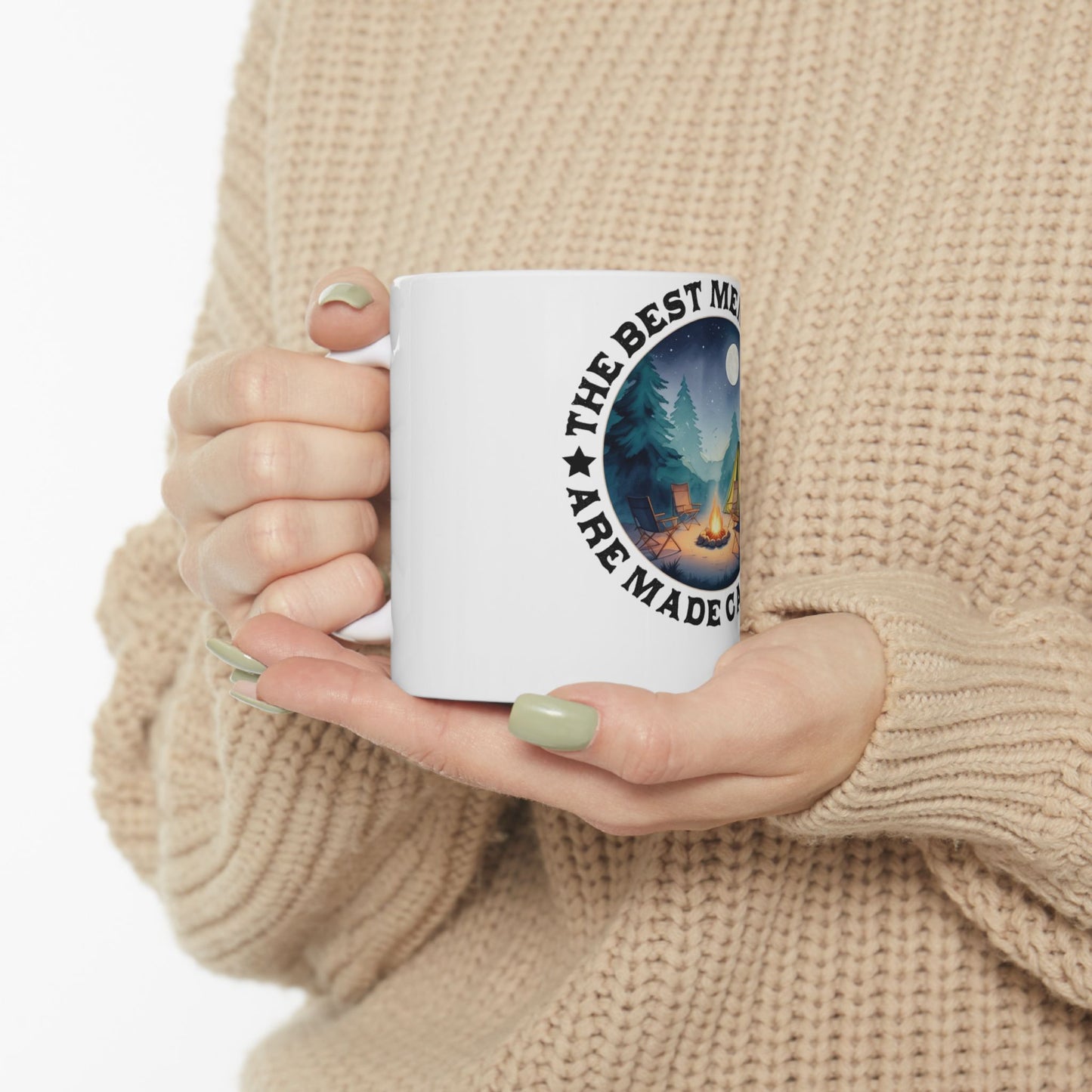 White mug with "The Best Memories Are Made Under the Stars" text and camping scene.