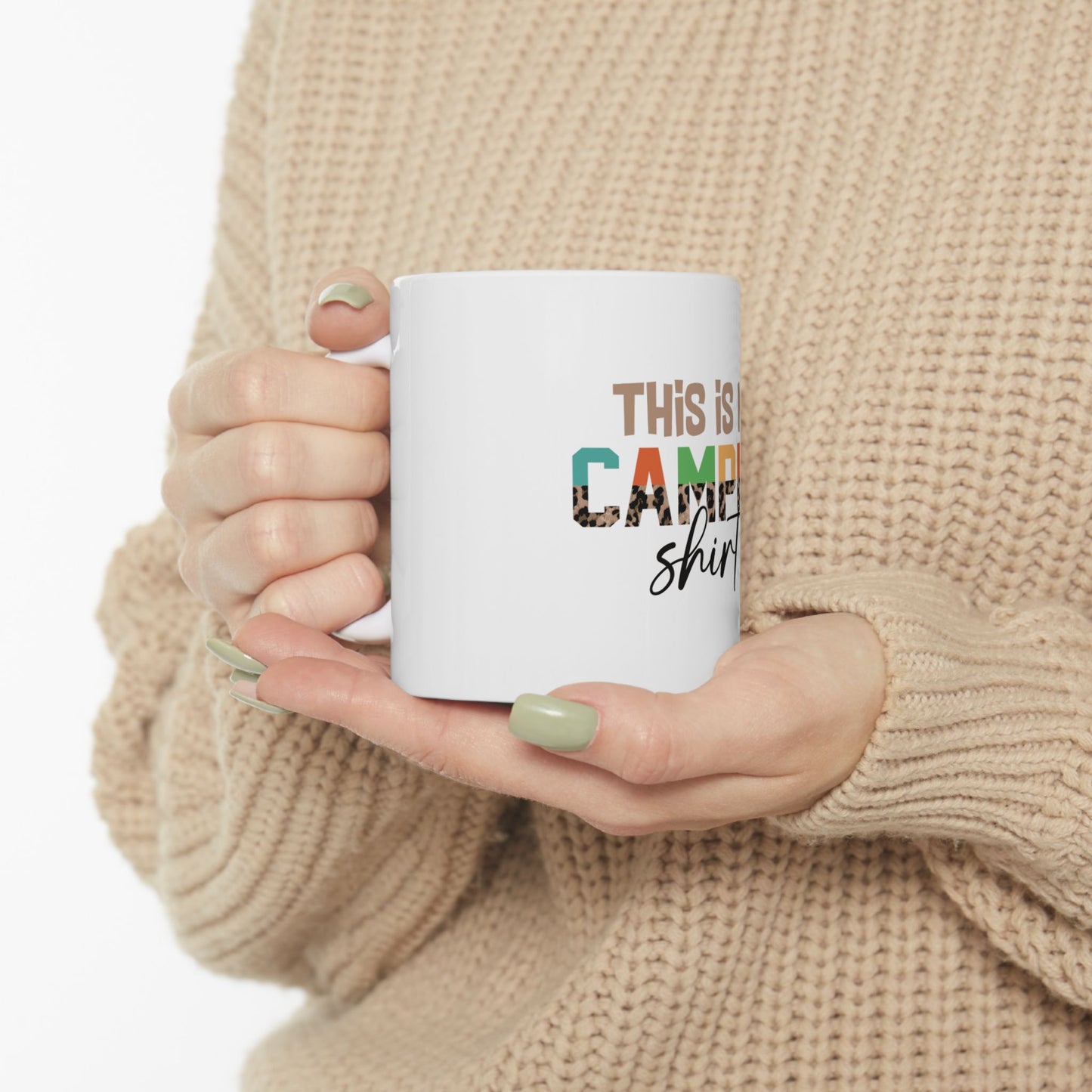 White mug with "This is Camp Shirt" text and animal print accents.