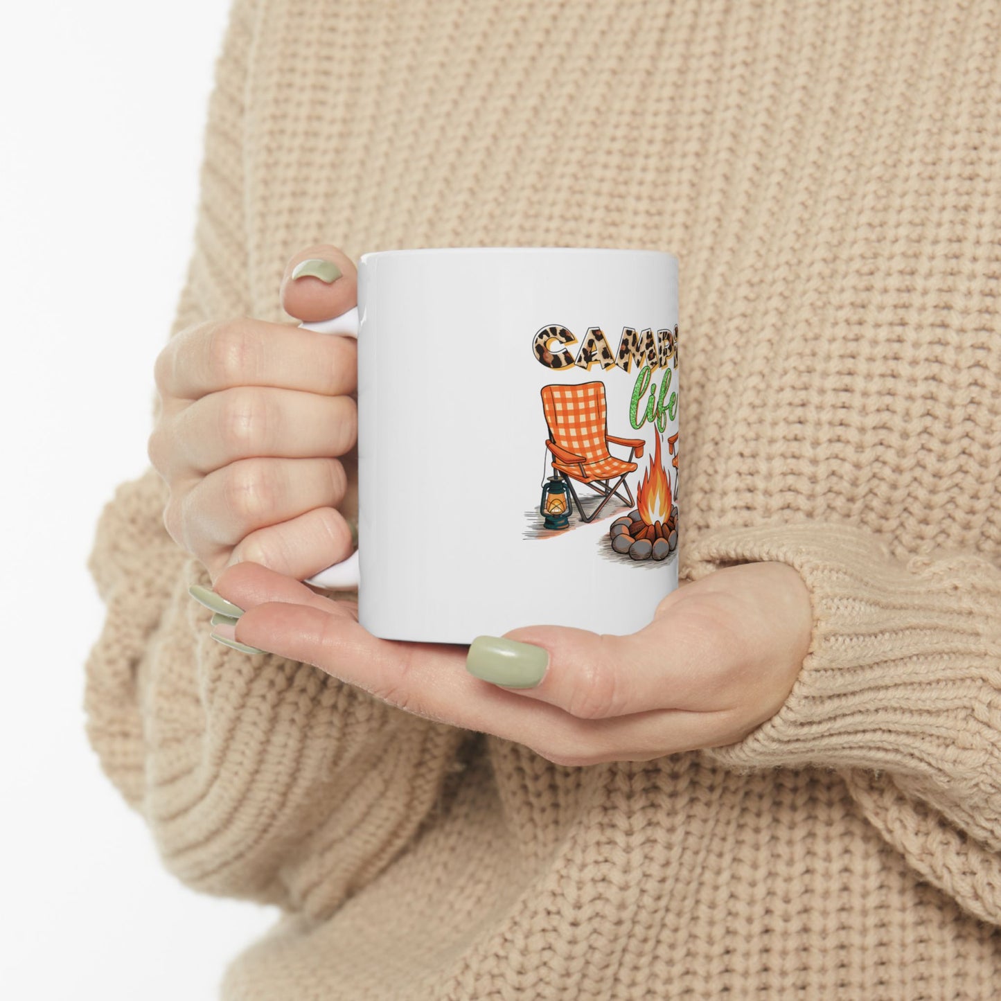 White mug with "Camping Life" text, campfire, and chair design.