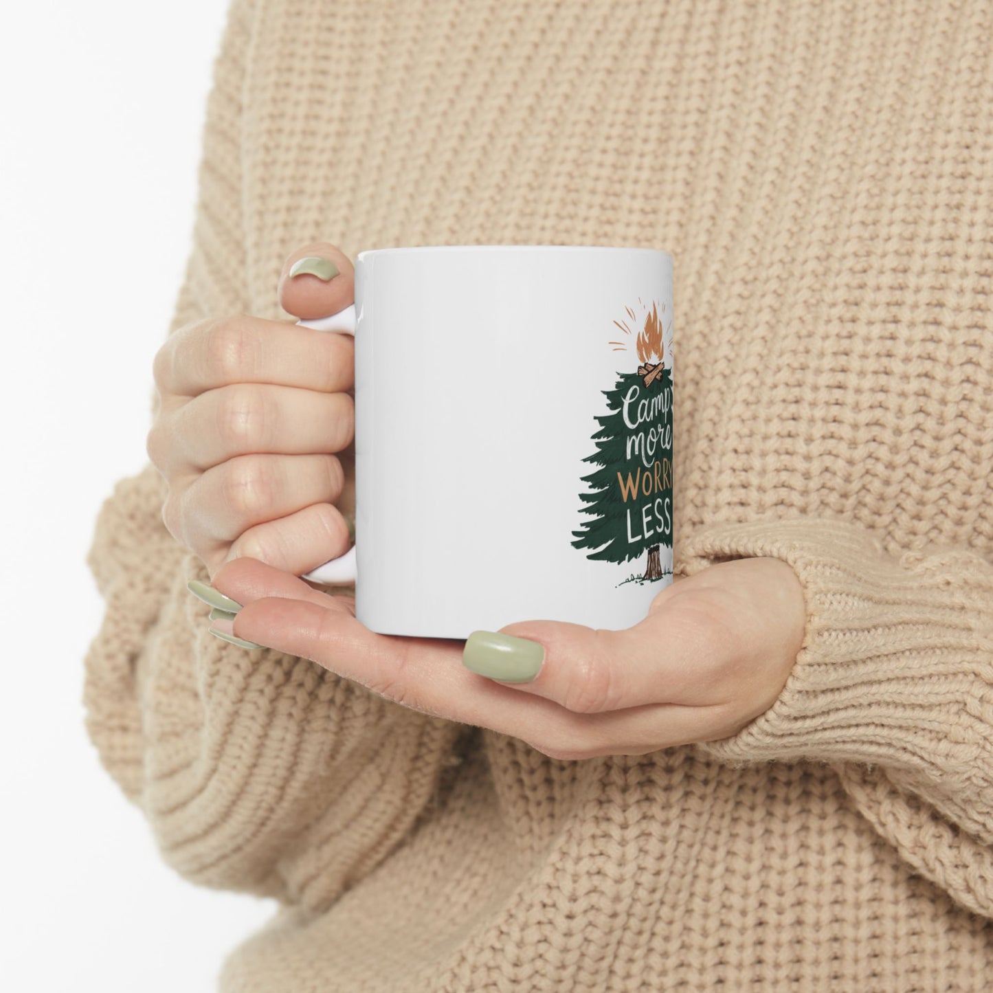 White mug with "Camp more worry less" text and a campfire graphic.