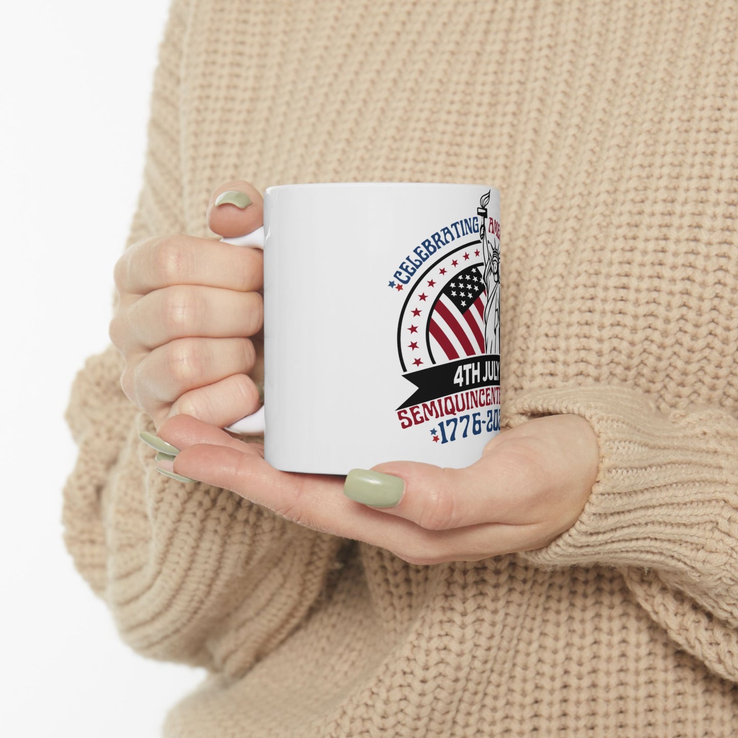 White mug with "Celebrating 4th July Semiquincentennial 1776-2026" text and US flag.