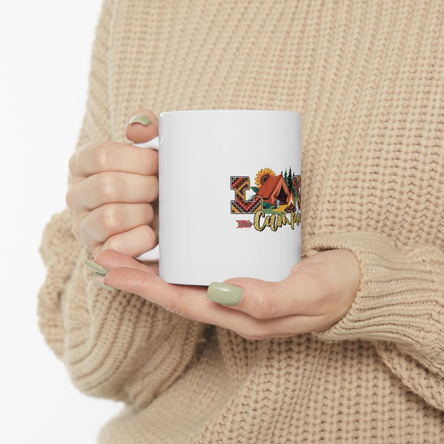 White mug with "Camping" text and colorful desert sunset graphics.