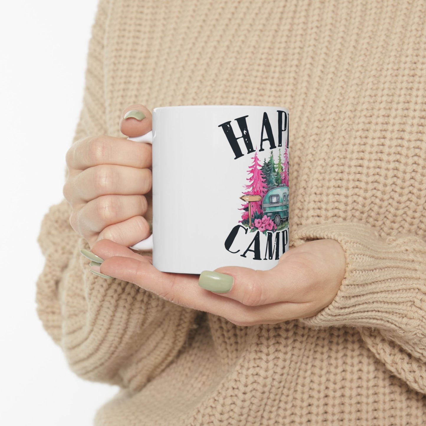 White mug with "Happy Camper" text and a colorful camper illustration.