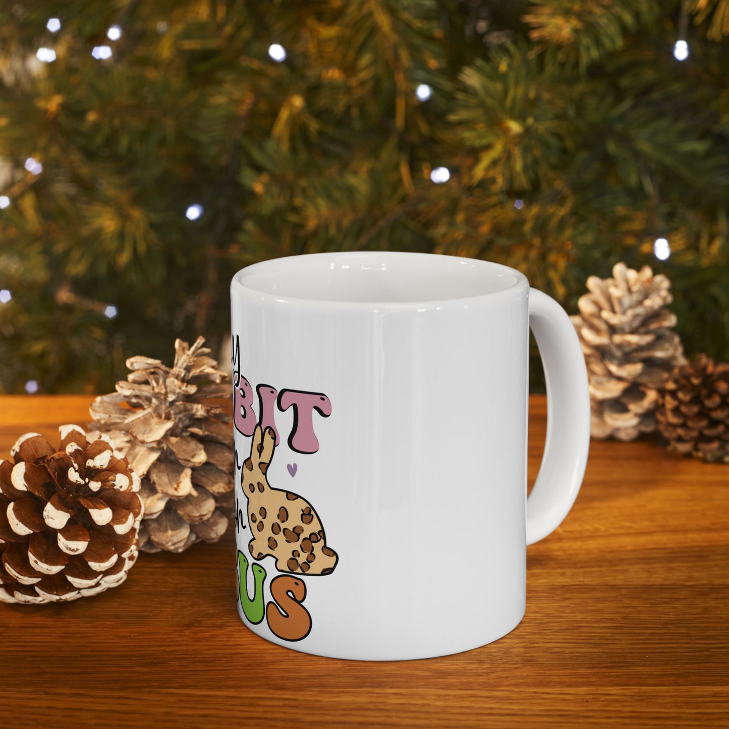 White mug with "Bunny Love" text and leopard print bunny graphic.