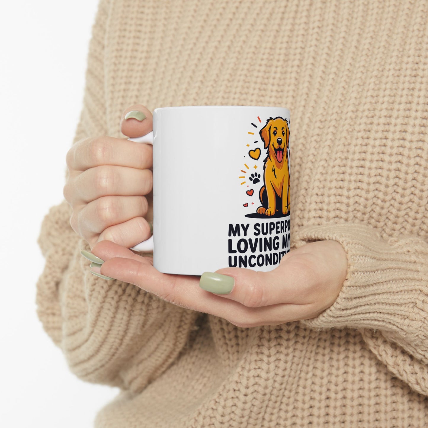 White mug with golden retriever graphic and "My Superpower is Unconditiona" text.