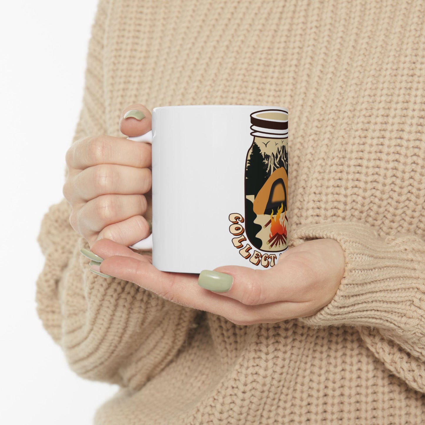 White mug with "collect" text, featuring a camping scene in a jar graphic.