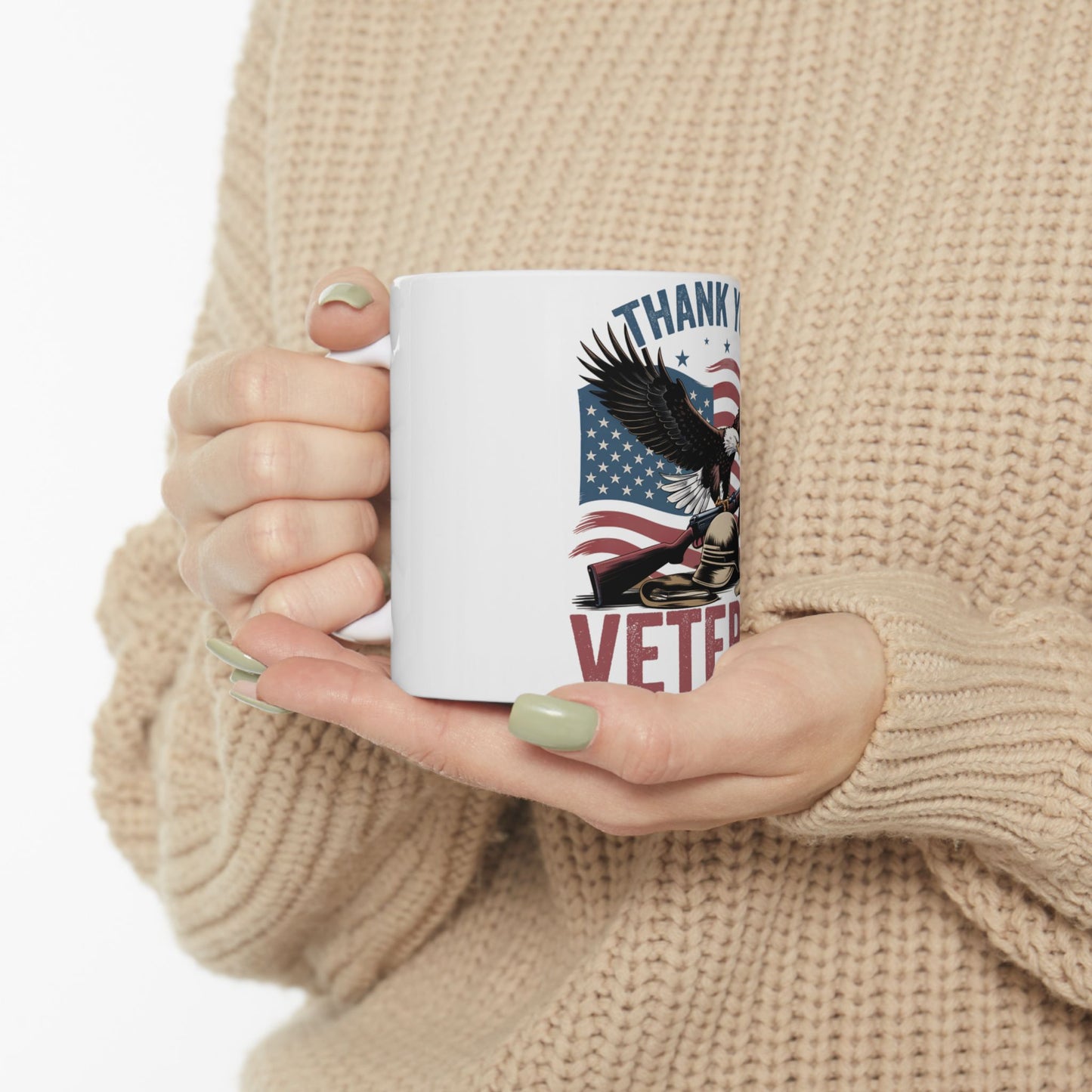White mug with American flag, eagle, and text "THANK YOU VETERAN".