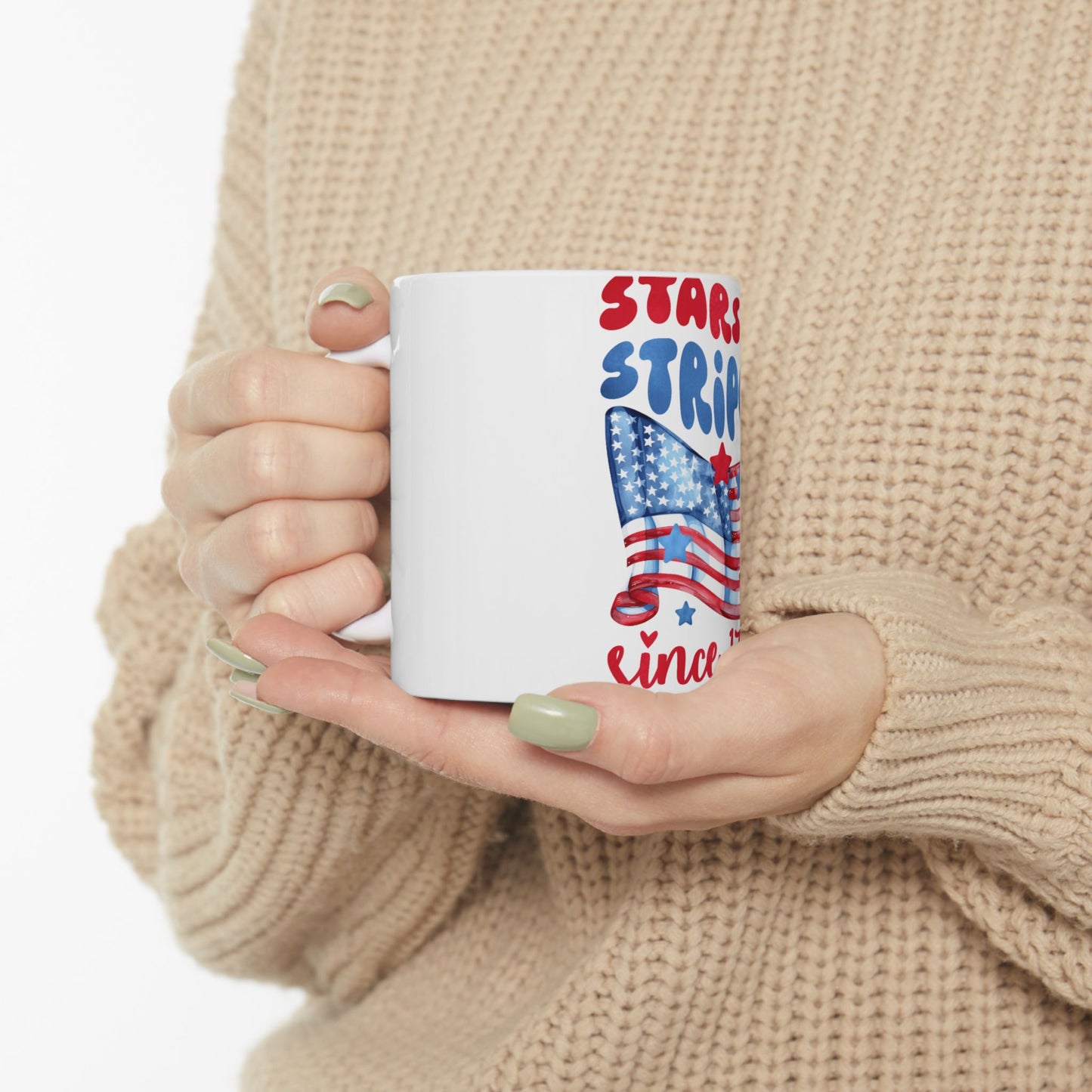 White mug with "Stars Stripes" and American flag boot design.
