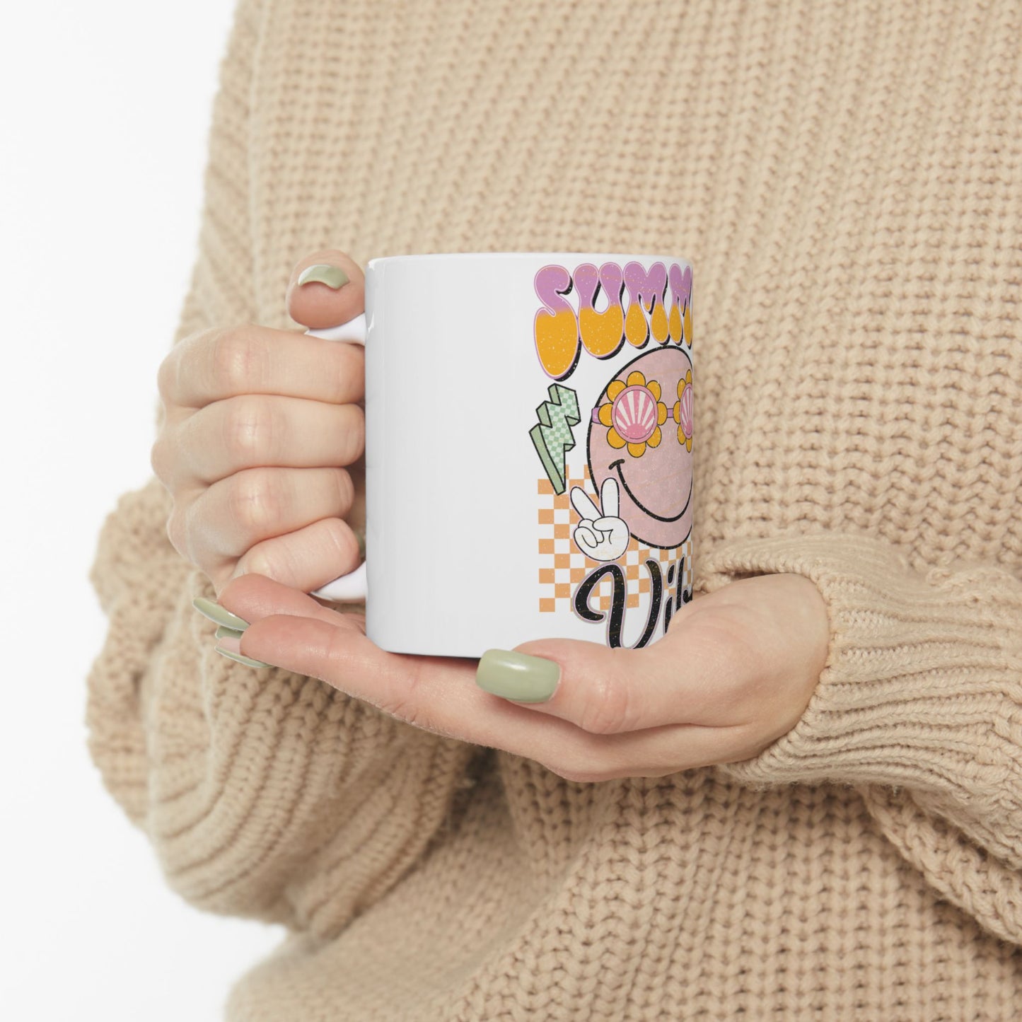 White mug with "Sunny Vibes" text, sunglasses, and peace sign graphic.