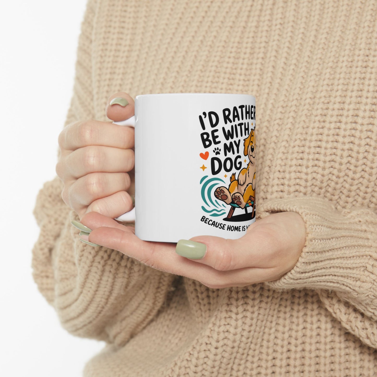 White mug with "I'd rather be with my dog" text and cartoon dog illustration.