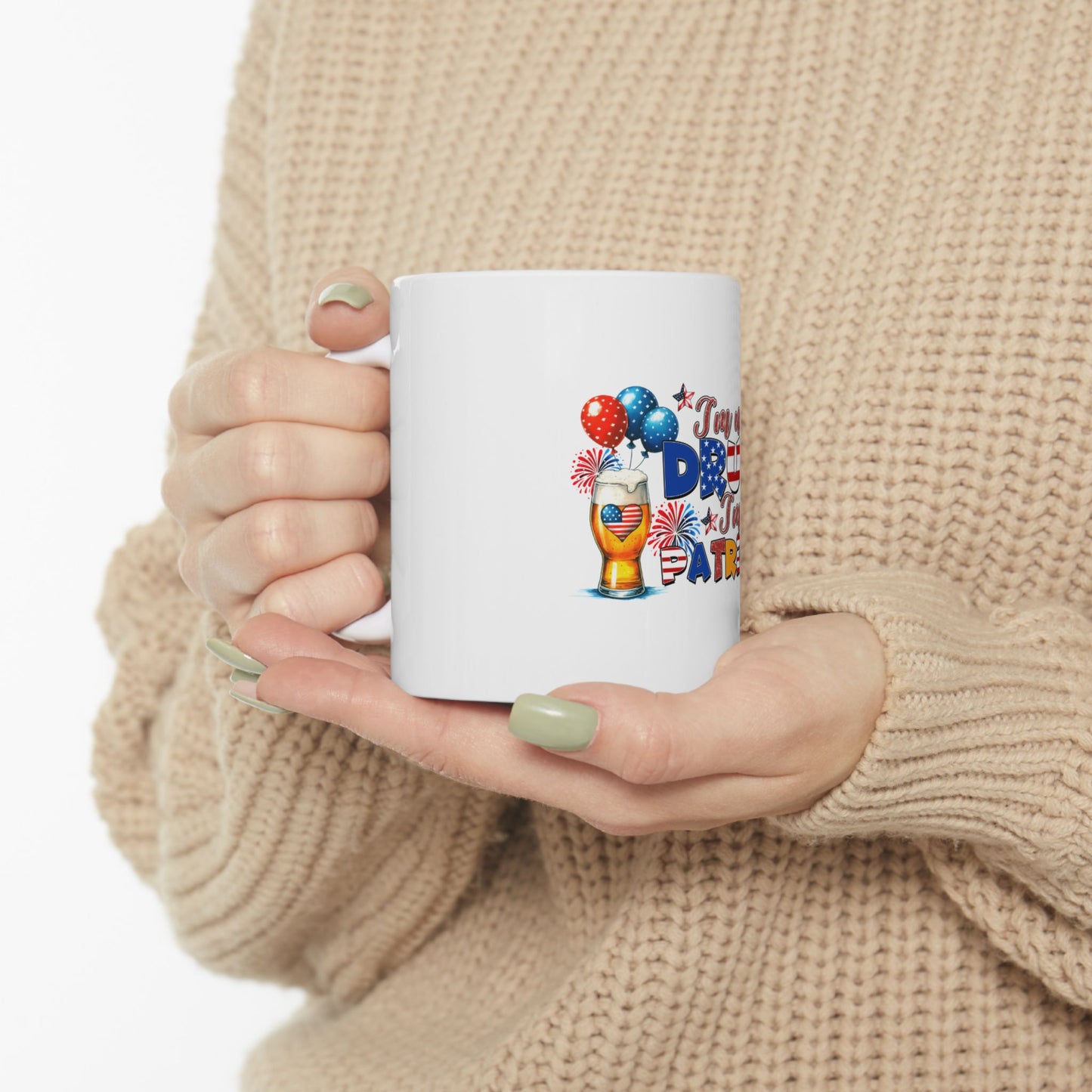 White mug with patriotic USA flag design and "I Love USA" text.