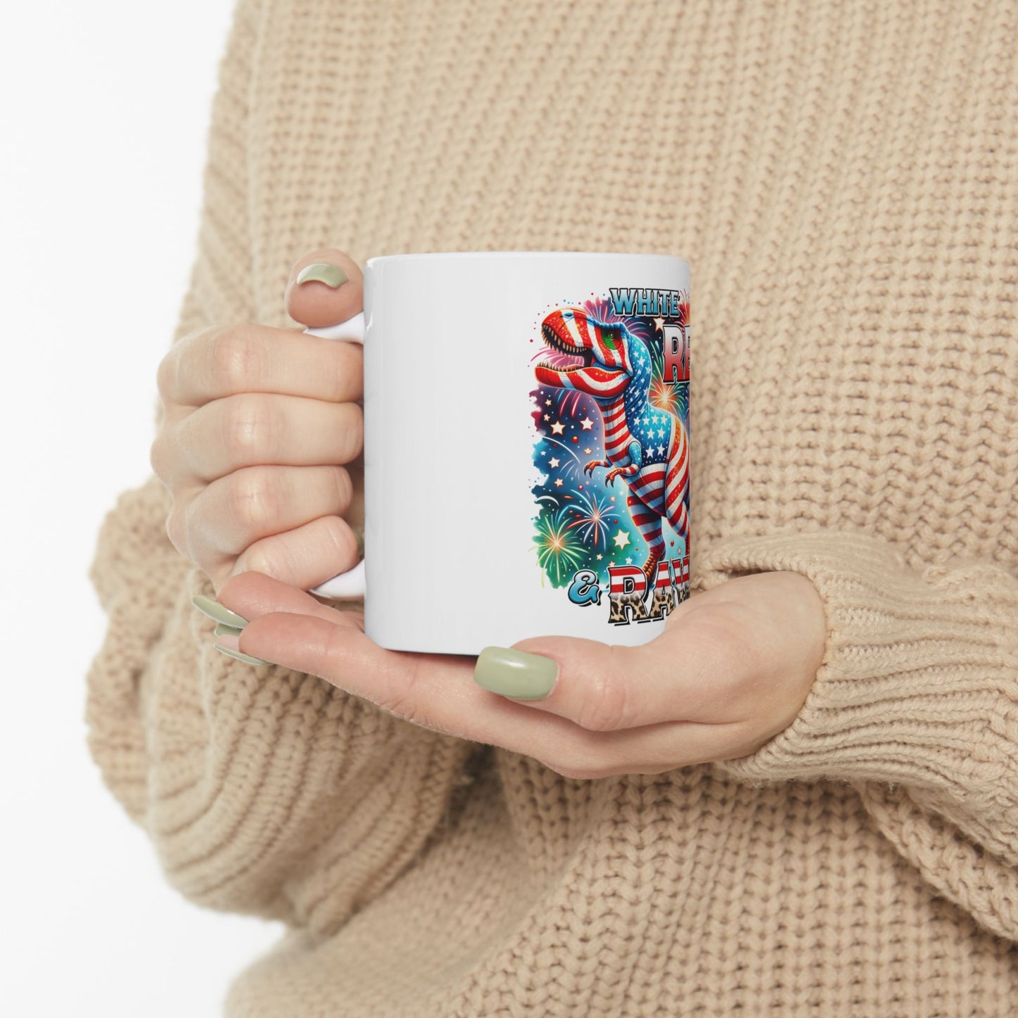 White T-Rex dinosaur with American flag design and fireworks on a mug.