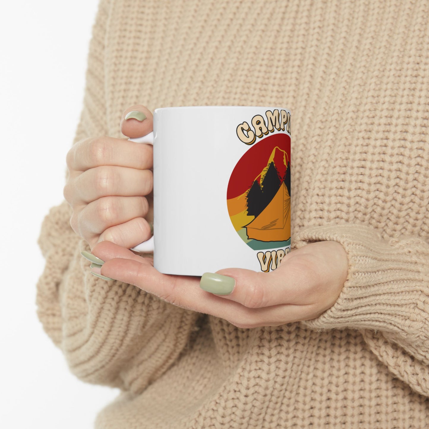 White mug with "Camping Vibes" text and mountain sunset graphic.