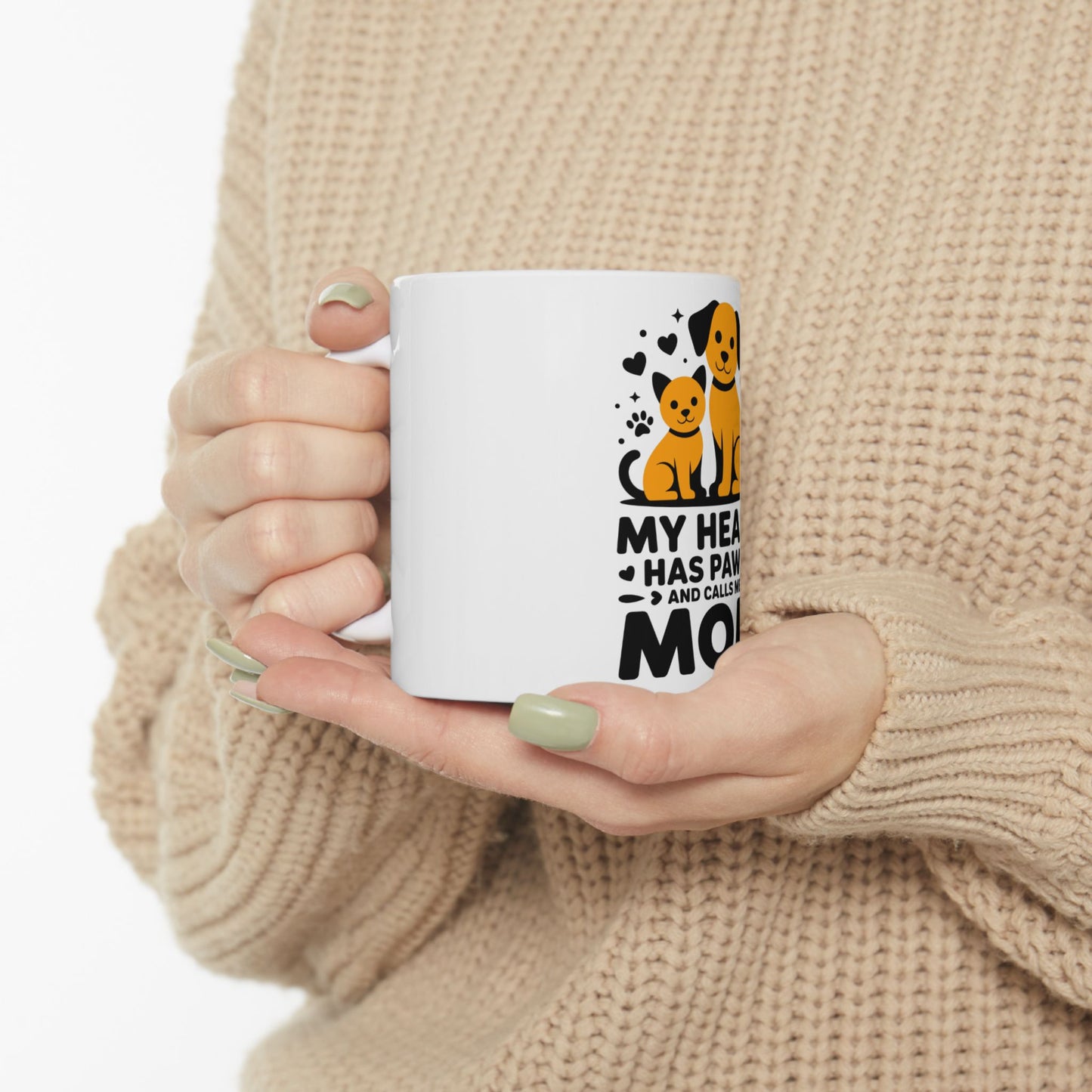White mug with "My heart has paws and calls me Mom" text and dog/cat graphic.