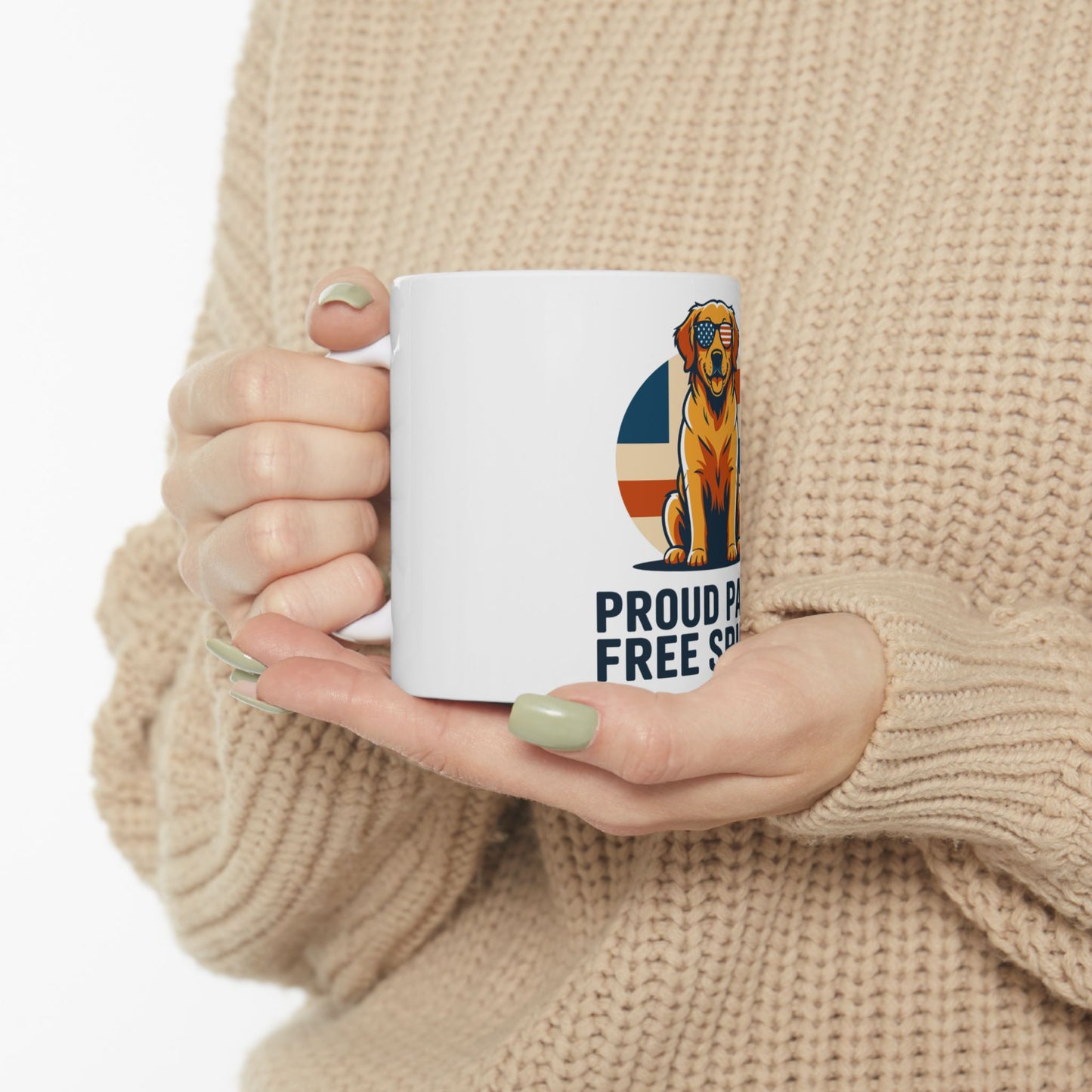 White mug with patriotic dog and "Proud Papa" text.