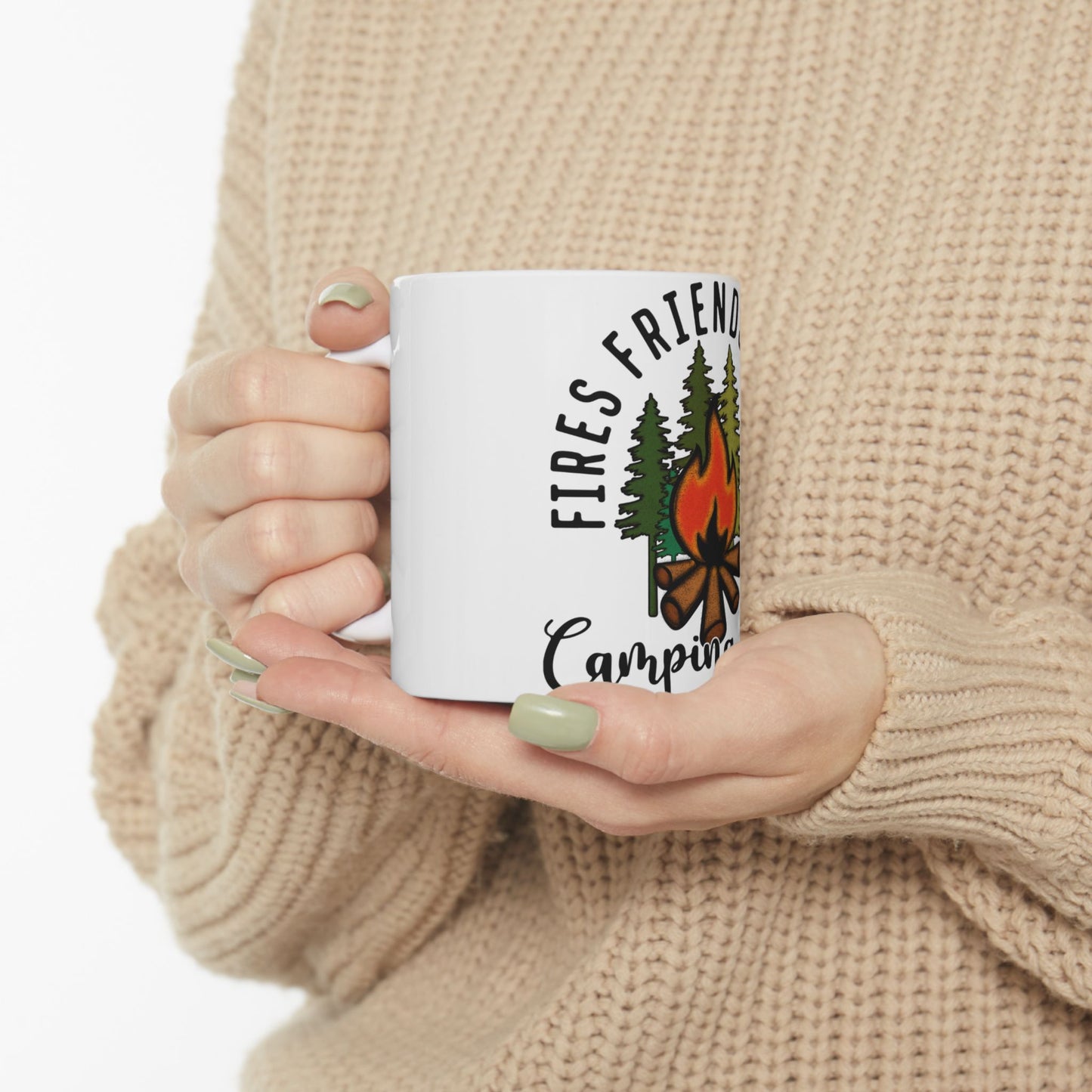 White mug with "FIRES FRIEND CAMPING" text and campfire and tree illustration.
