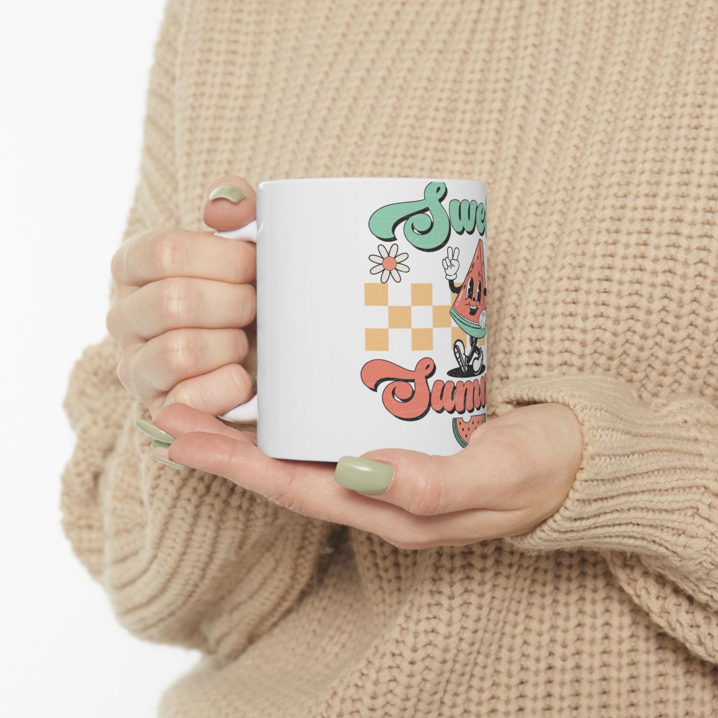 White mug with "Sweet Summer" text and a cartoon watermelon character.