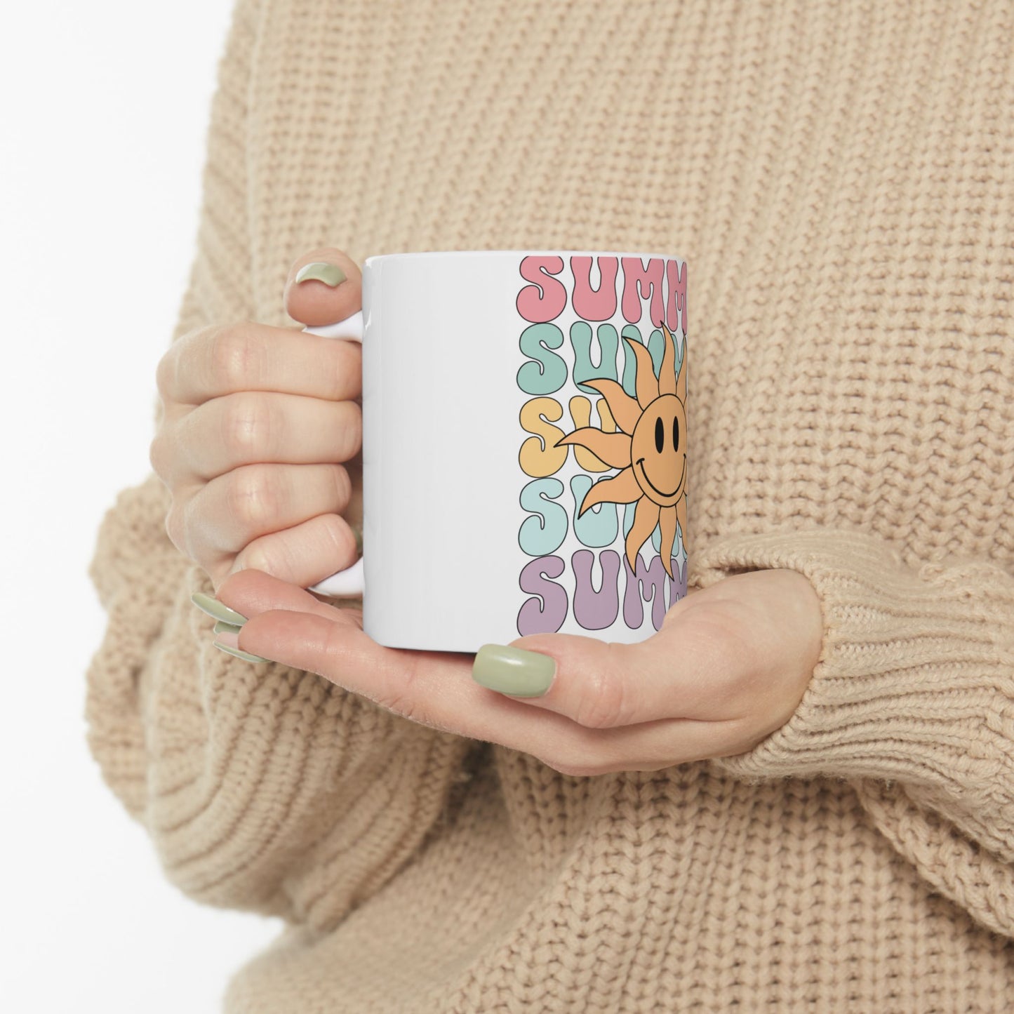 White mug with colorful "SUMMER" text and smiling sun design.