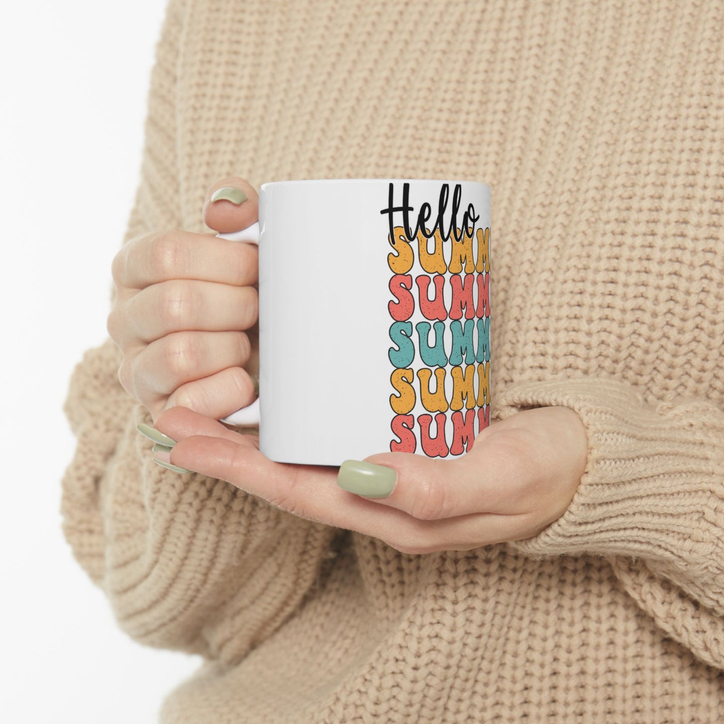 White mug with "Hello Summer" text in colorful block letters.