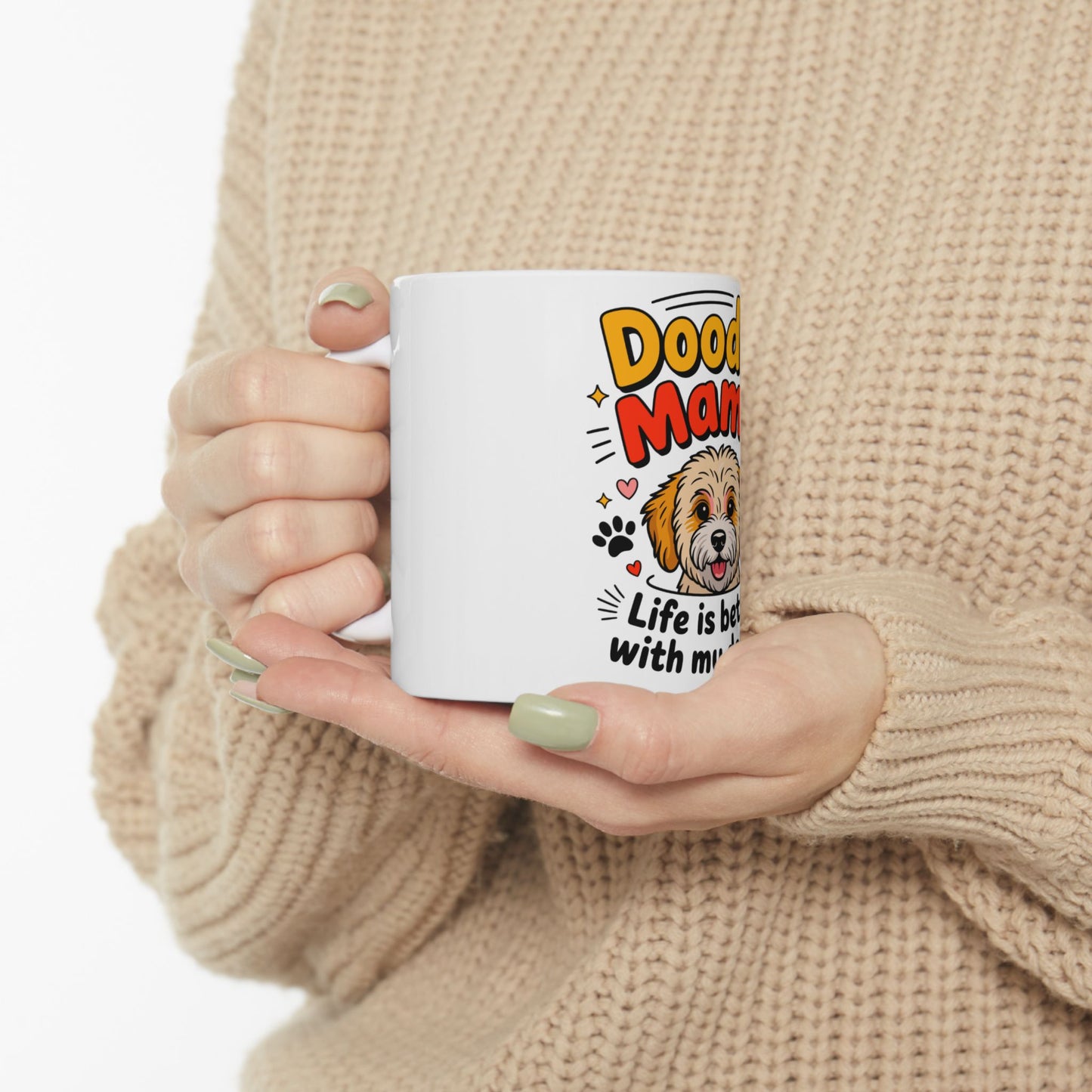 White mug with "Doodle Mama" text and a doodle dog illustration.