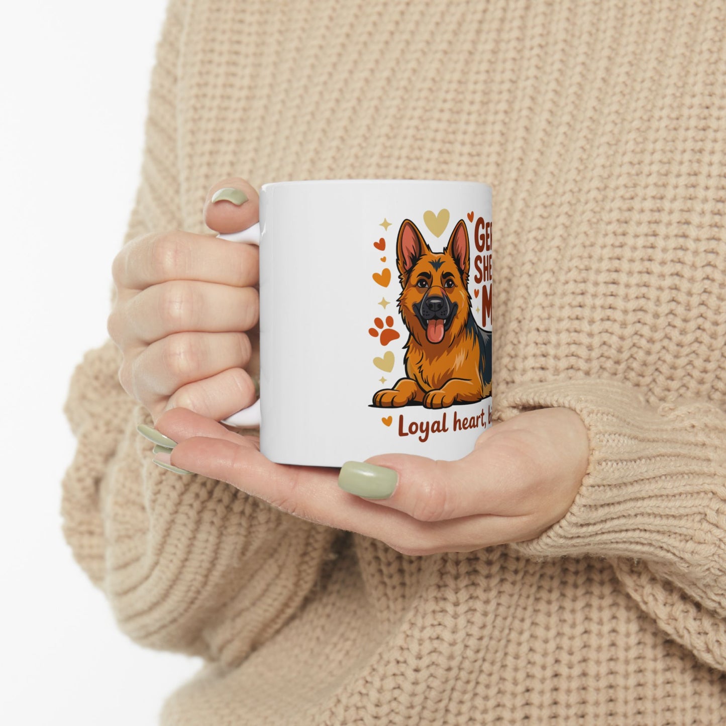 White mug with German Shepherd graphic and "Loyal heart" text.