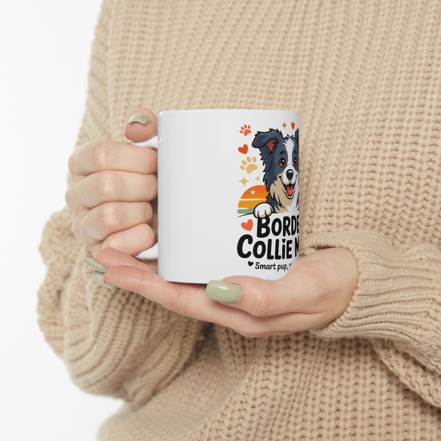 White mug with "Border Collie Smart pup" text and dog illustration.
