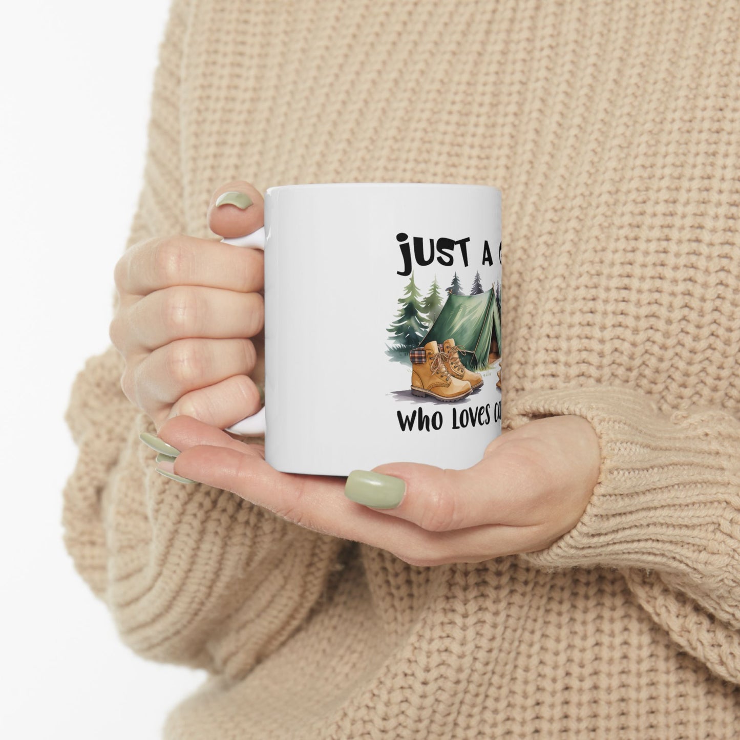 White mug with "Just a girl who loves camping" text and graphic.