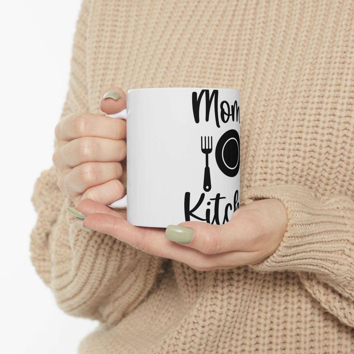 White mug with "Mom's Kitchen" text and fork and plate graphic.