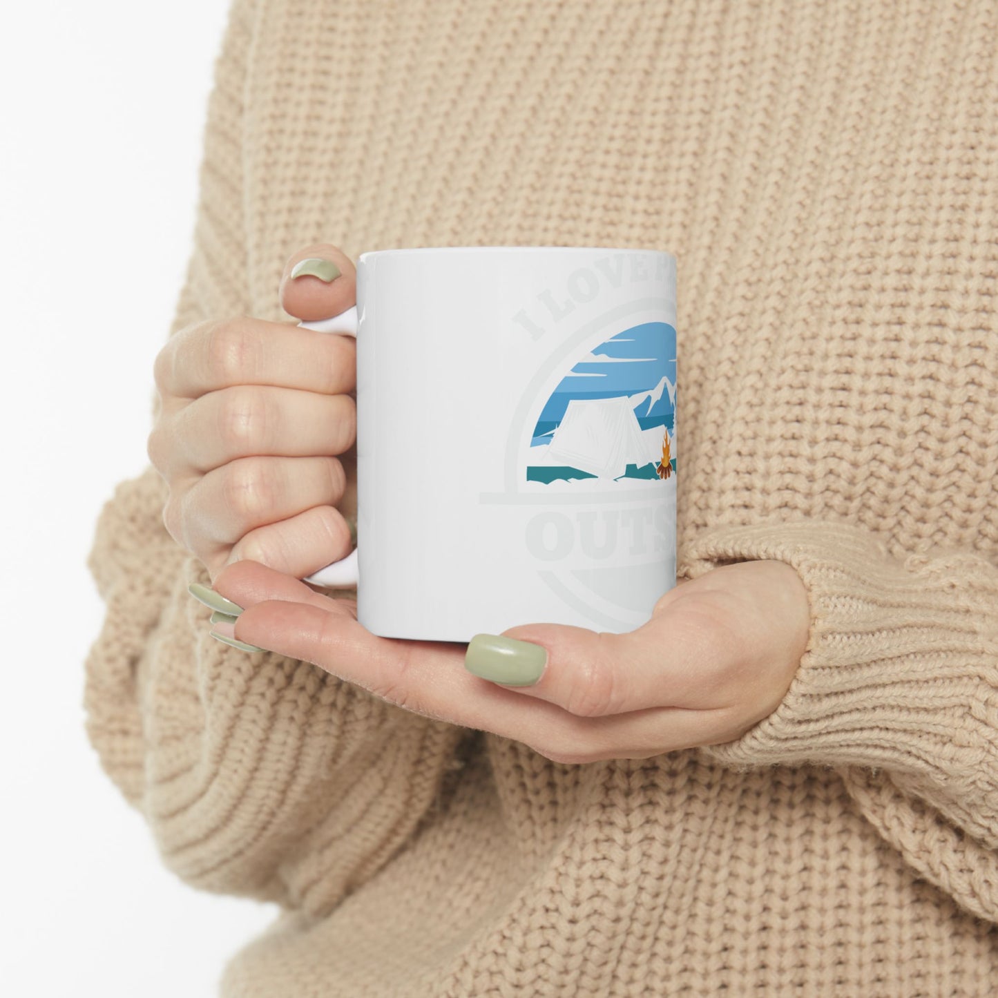 White mug with camping scene and text "I Love Outdoors".