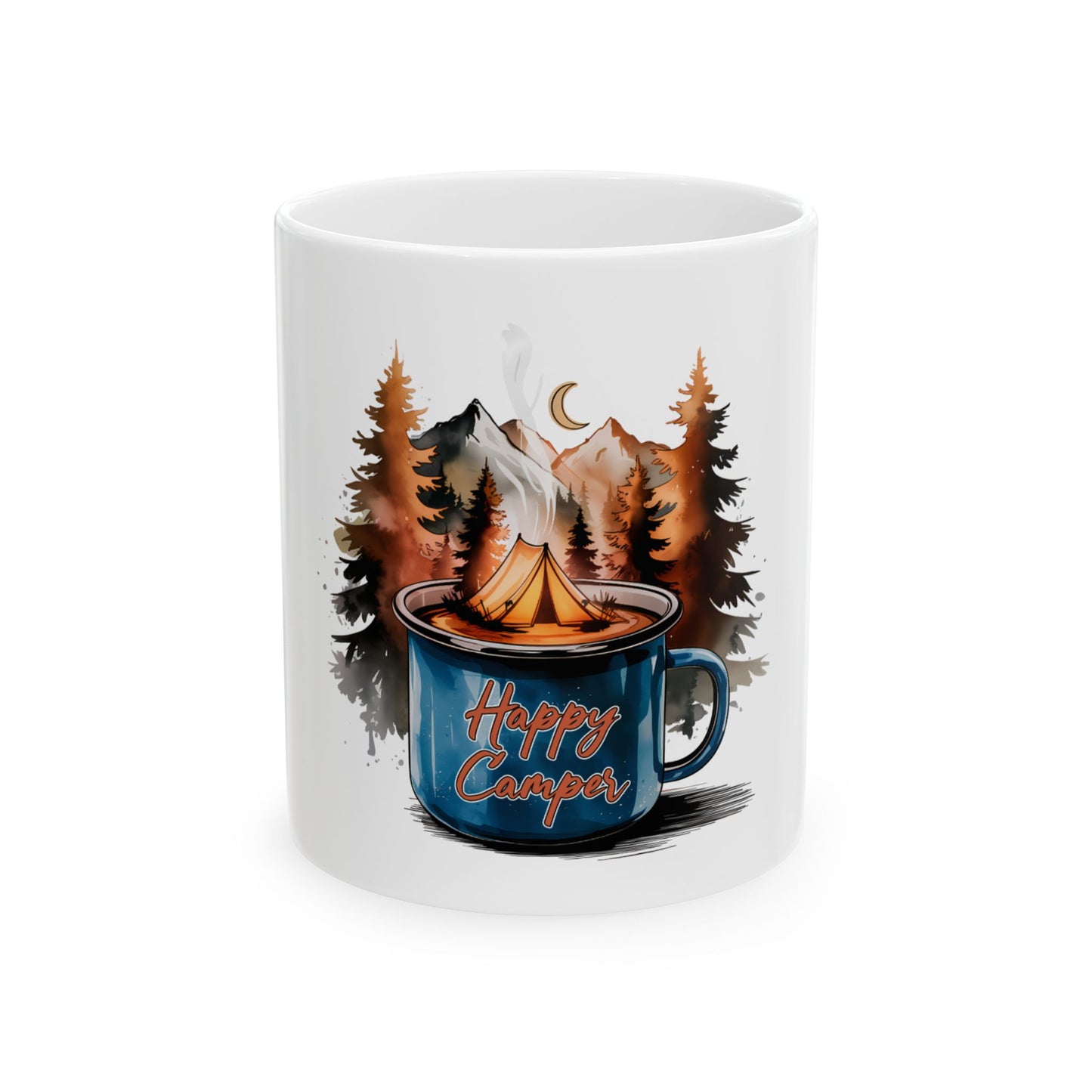White mug with "Happy Camper" text and a camping scene in watercolor style.