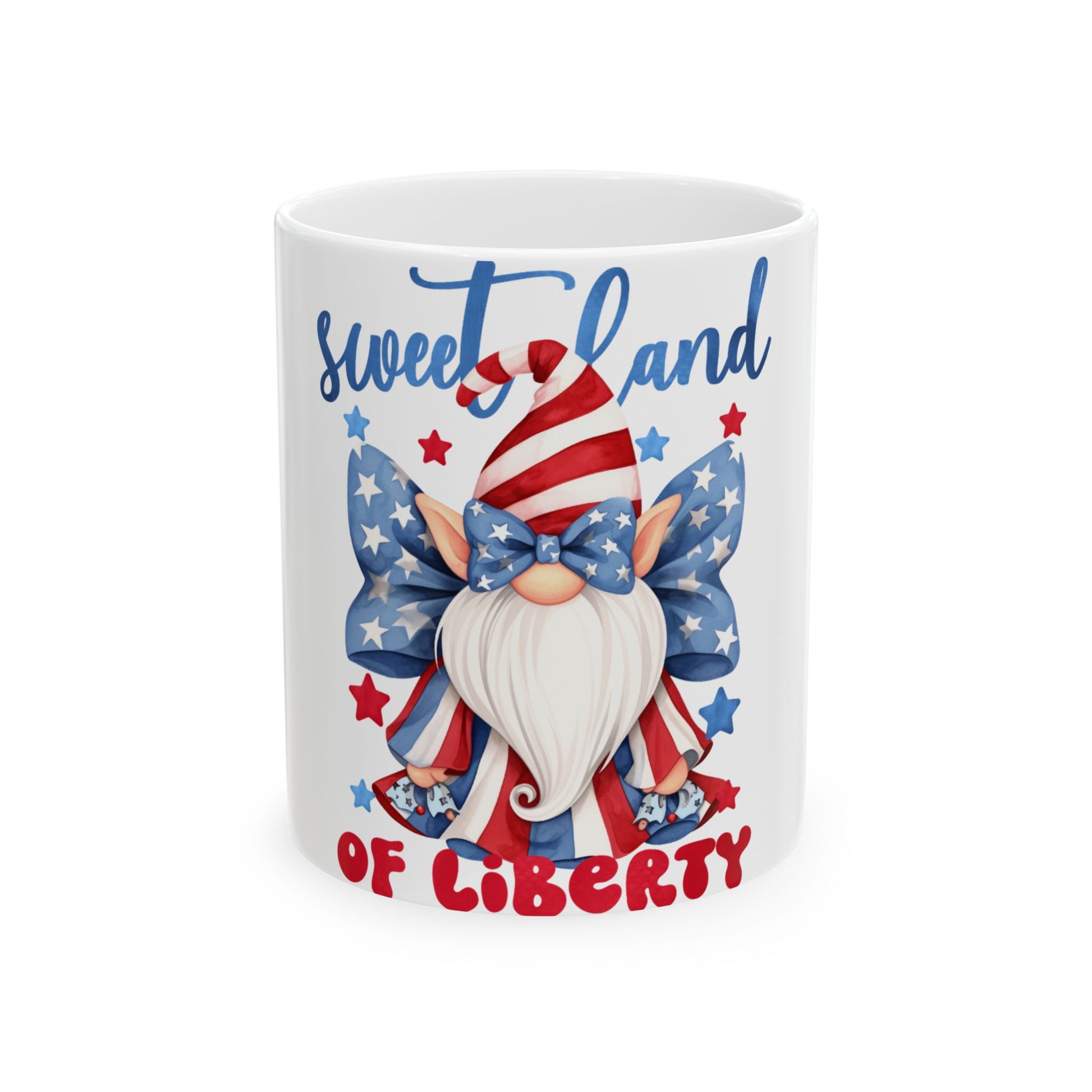 Patriotic gnome with "Sweet Land of Liberty" text and star wings.