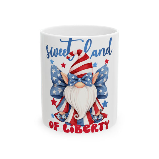 Patriotic gnome with "Sweet Land of Liberty" text and star wings.