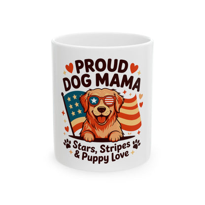 Golden retriever wearing sunglasses with US flag, "Proud Dog Mama, Stars, Stripes & Puppy Love".