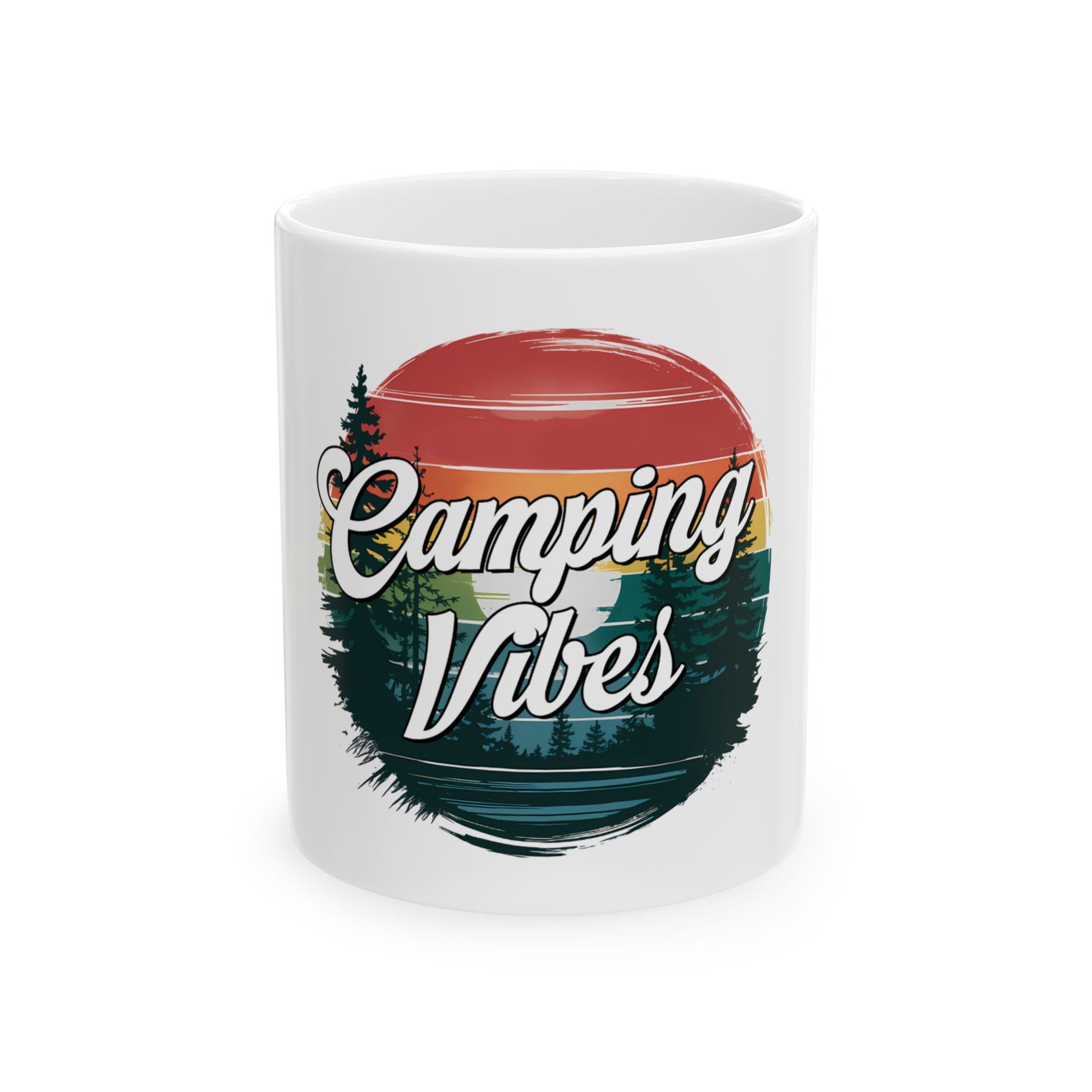 White mug with "Camping Vibes" text over a sunset forest scene.