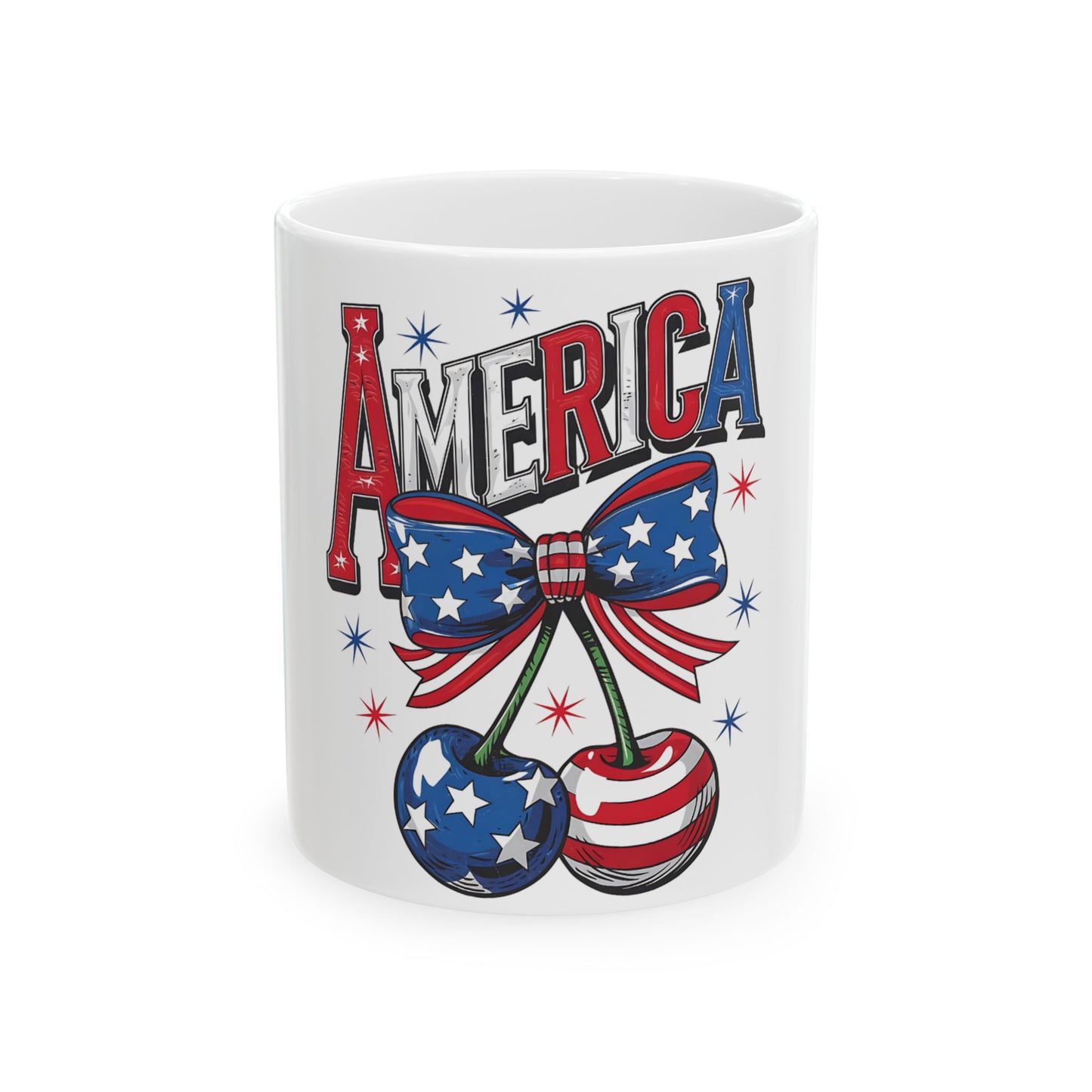 Mug with red, white, and blue bow-tied cherries and "AMERICA" text.