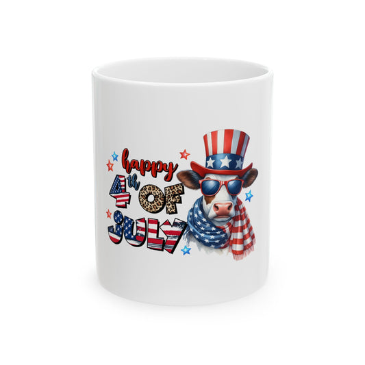 Cow wearing sunglasses and a hat with "Happy 4th of July" text.