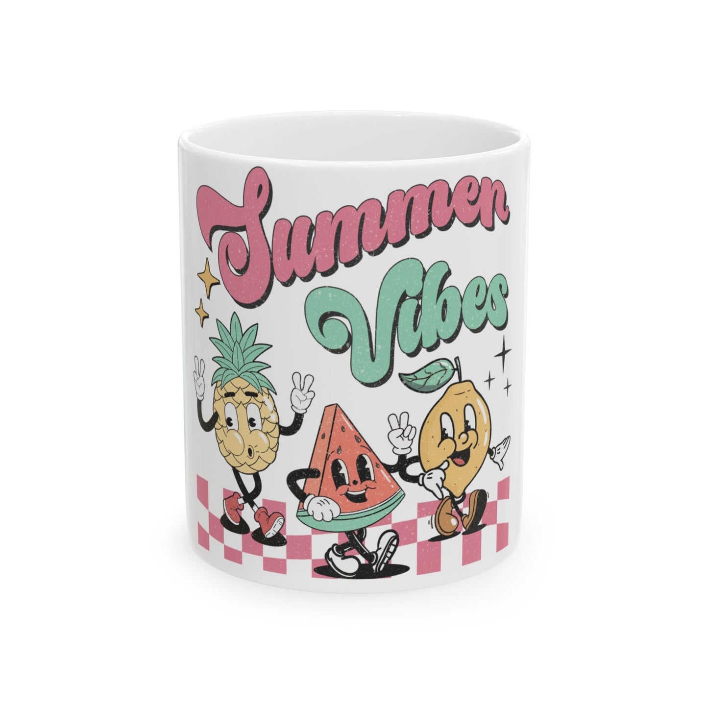 Mug with cartoon pineapple, watermelon, and lemon characters and "Summer Vibes" text.