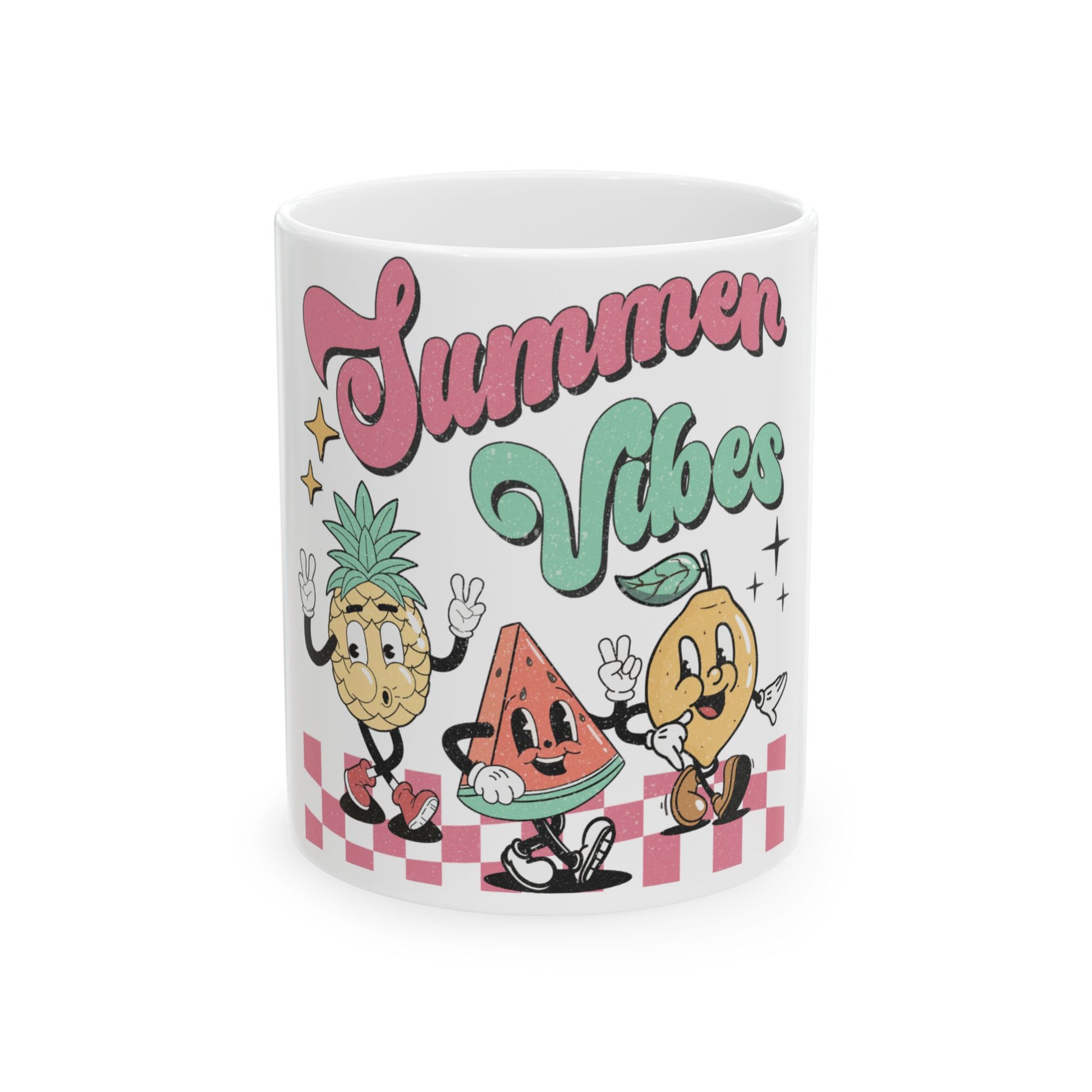 Mug with cartoon pineapple, watermelon, and lemon characters and "Summer Vibes" text.