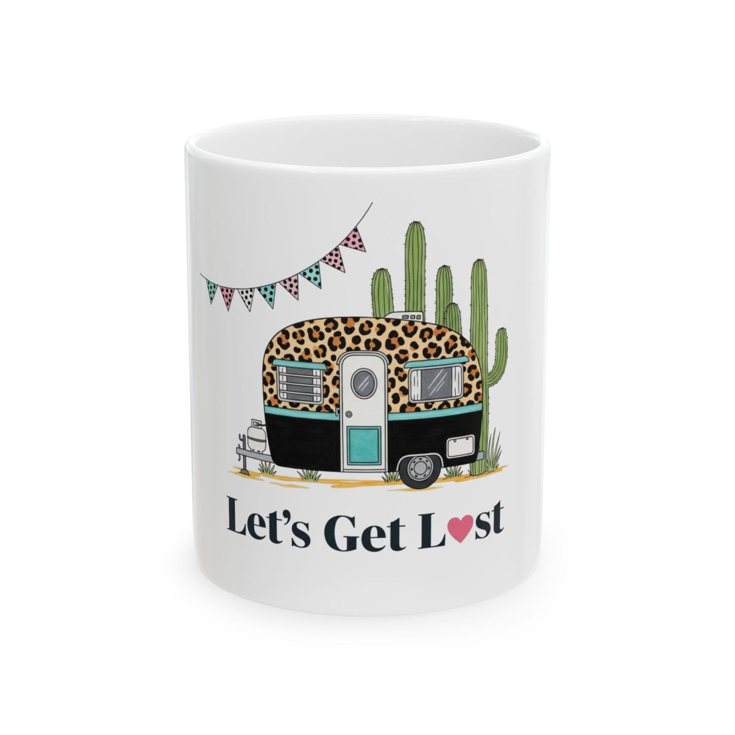 Camper with leopard print, cacti, and banner reads "Let's Get Lost".