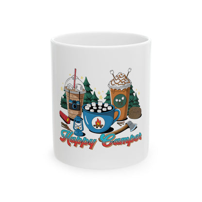 Mug with "Happy Camper" text and camping-themed hot drinks and forest scene.