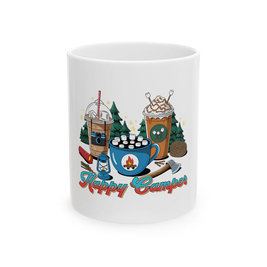 Mug with "Happy Camper" text and camping-themed hot drinks and forest scene.