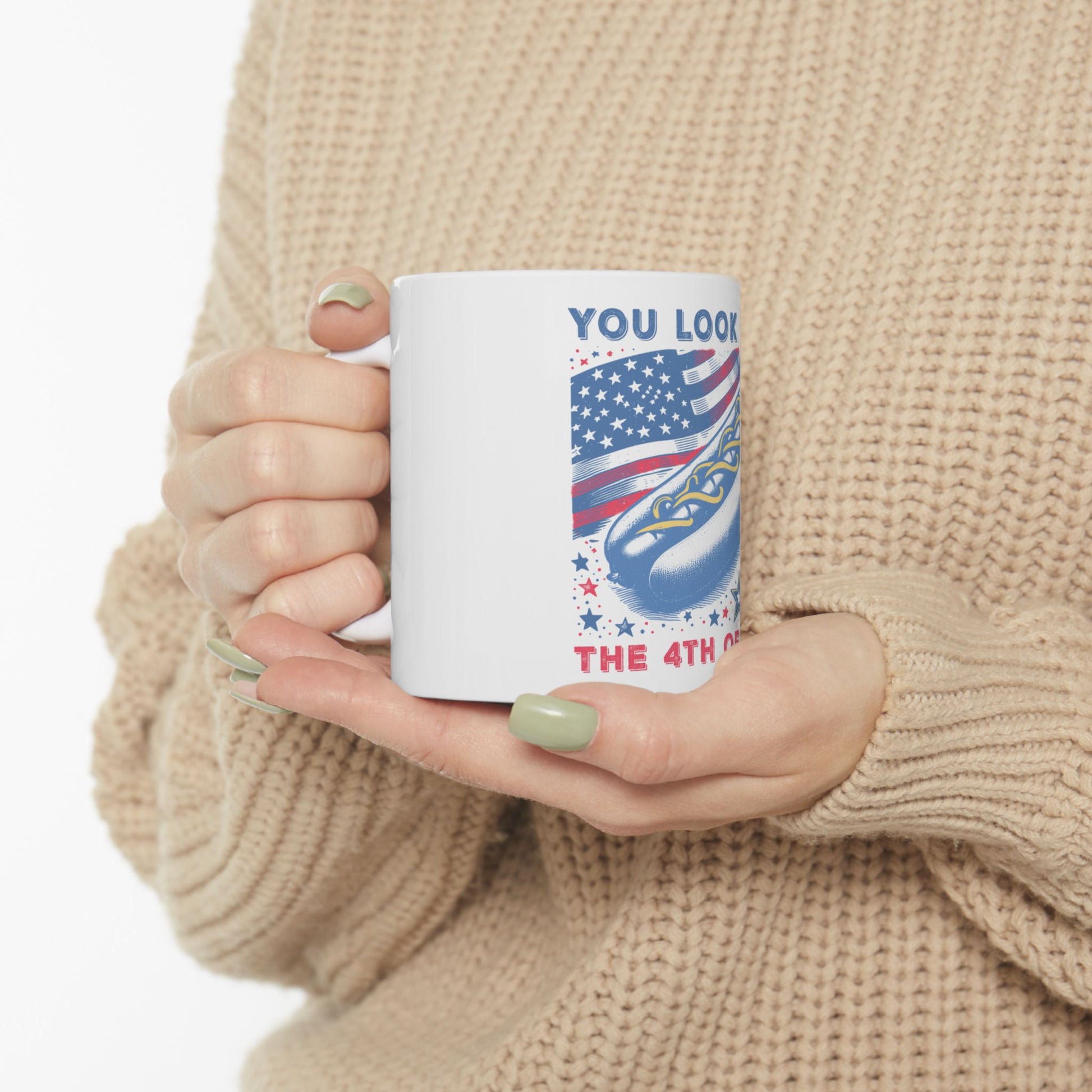 White mug with hot dog, American flag, and "YOU LOOK THE 4TH OF JULY" text.