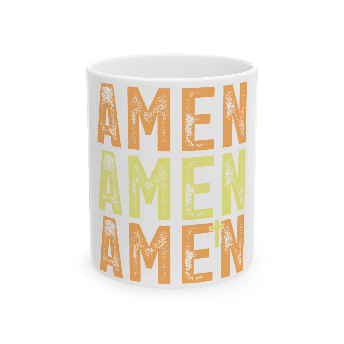White mug with "AMEN" repeated in orange and yellow.