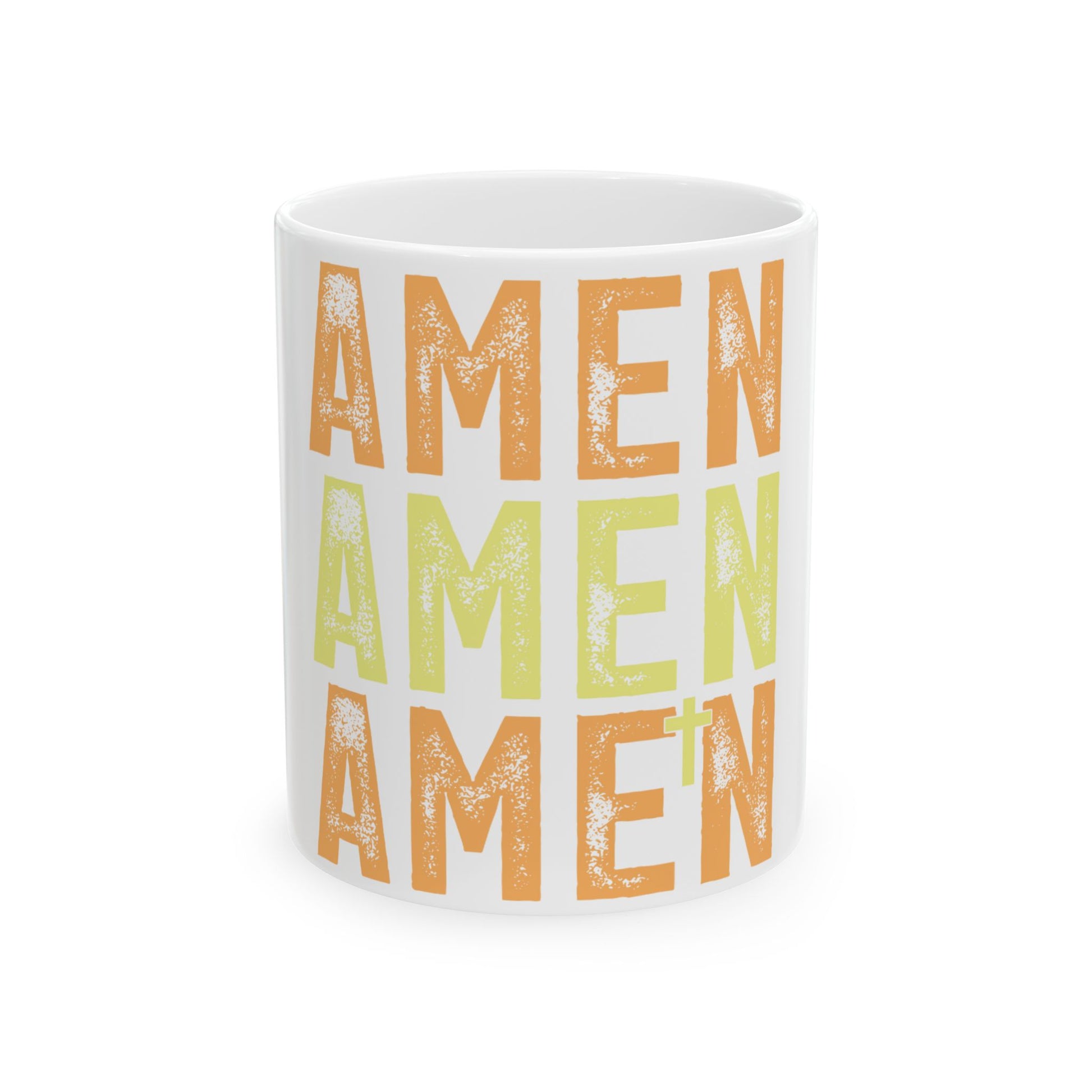 White mug with "AMEN" repeated in orange and yellow.