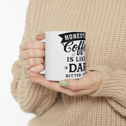 White mug with "Honestly, Coffee is like" text and arrow graphic.