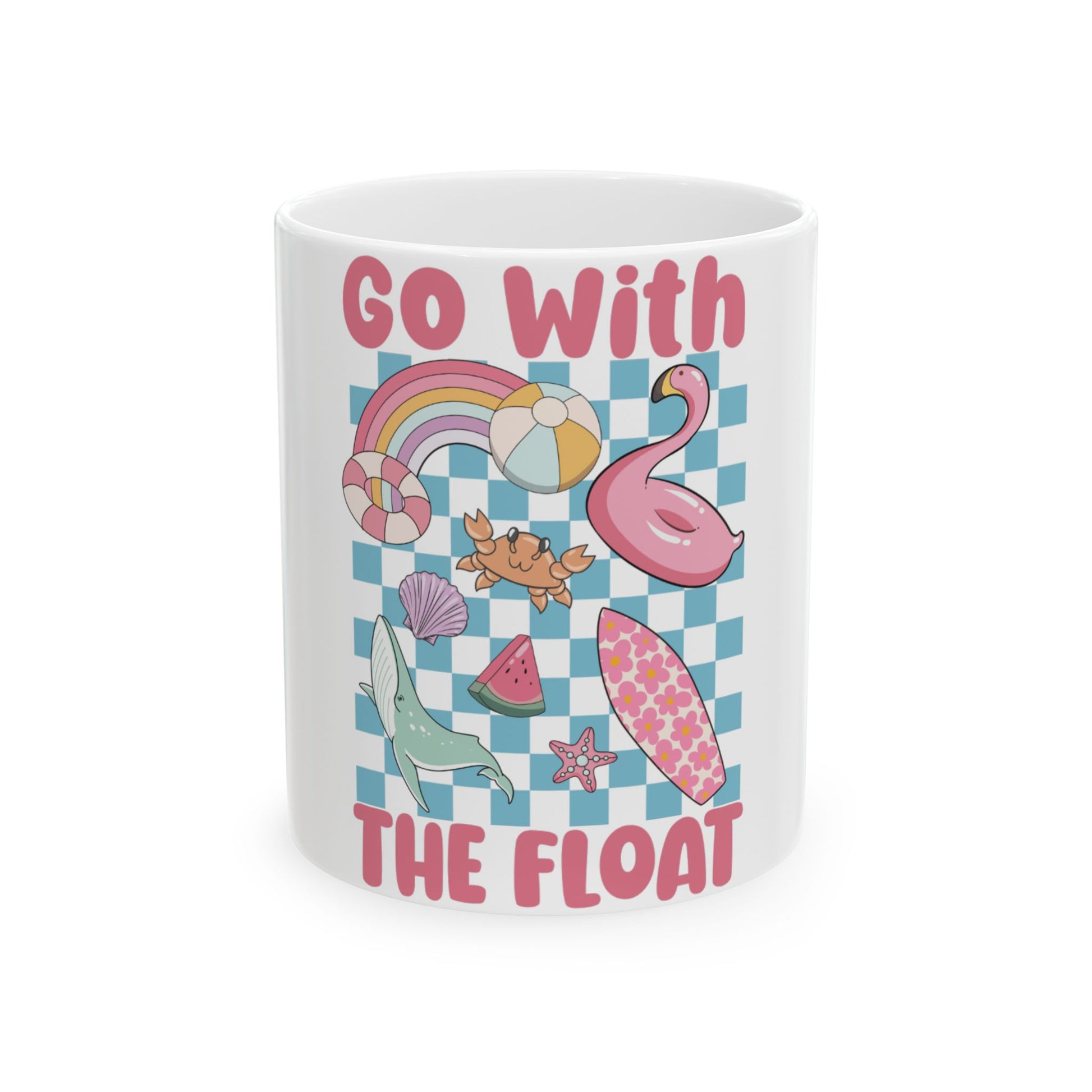 White mug with checkerboard background and summer beach graphics, text reads "GO WITH THE FLOAT".